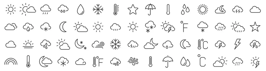 Foto op Aluminium Weather icons. Weather forecast icon set. Clouds logo. Weather , clouds, sunny day, moon, snowflakes, wind, sun day. Vector illustration. © vectorsanta