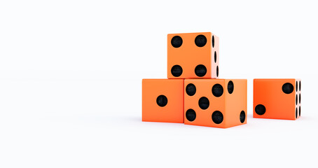 3d render of orange Casino dice on a white background.