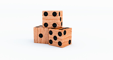 3d render of wodden Casino dice on a white background.