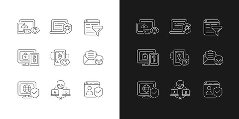 Internet surveillance linear icons set for dark and light mode. Cross-device track. Multi-factor authentication. Customizable thin line symbols. Isolated vector outline illustrations. Editable stroke