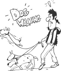 Set icons of dogs and dog-walker in the city. stock illustration