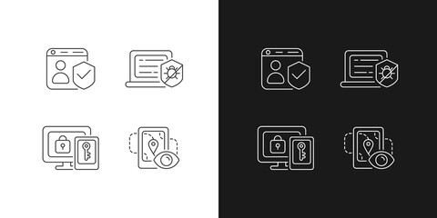 Protecting right to online privacy linear icons set for dark and light mode. Securing accounts. Antivirus. Customizable thin line symbols. Isolated vector outline illustrations. Editable stroke