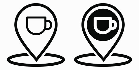 Location of the cafe. GPS and cup. Point on the recreation map. Restaurant icon. Vector icon.