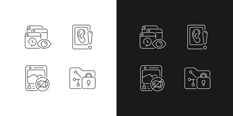 Computer activity monitoring linear icons set for dark and light mode. Tracking search history. Data encryption. Customizable thin line symbols. Isolated vector outline illustrations. Editable stroke