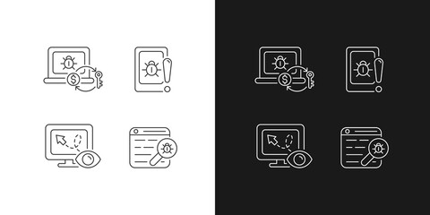 Internet censorship linear icons set for dark and light mode. Ransomware. Cell phone bugging. Web bug. Customizable thin line symbols. Isolated vector outline illustrations. Editable stroke