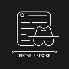 Fototapeta premium Private browsing white linear icon for dark theme. Keeping browsing activity secure. Thin line customizable illustration. Isolated vector contour symbol for night mode. Editable stroke