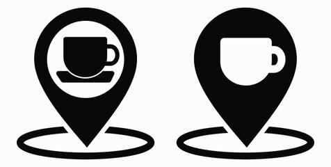 Location of the cafe. GPS and cup. Point on the recreation map. Restaurant icon. Vector icon.