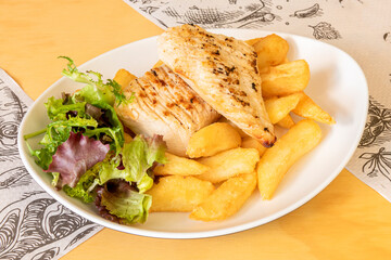 Grilled fried chicken breast fillets with a little lettuce and a side of French fries on a white plate