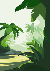Tropical forest in daylight. Natural scenery in vertical orientation.