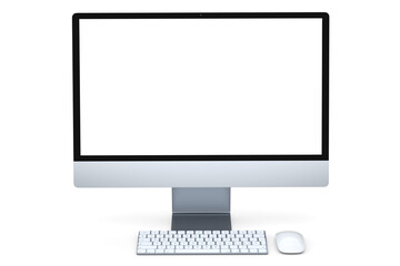Realistic grey computer screen display with keyboard and mouse isolated on white