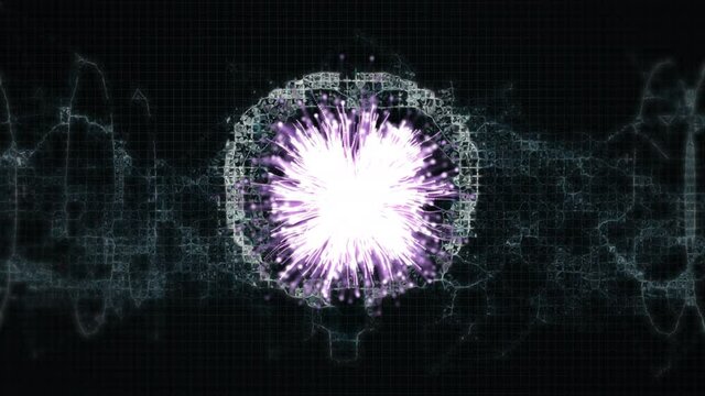 Animation of brain rotating with pink firework exploding on black background