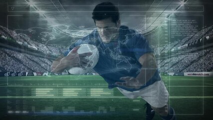 Animation of data processing over rugby player during rugby match in sports stadium - Powered by Adobe