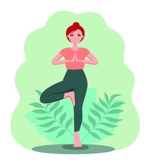 Woman doing yoga. Pose tree. Girl smiling. Plant's green background. Flat design illustration.