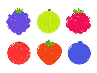 Summer berries. Blueberry, raspberries, gooseberry, blackberry, strawberry, red currants with leaves. Set of berries. Vector cartoon illustration