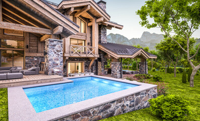 3d rendering of modern cozy chalet with pool and parking for sale or rent.  Massive timber beams columns. Beautiful forest mountains on background. Clear summer evening with cozy light from window