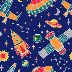 Cartoon cute flying spaceships on the background of the starry sky with planets. Colored seamless vector hand drawing.