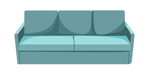 Soft home sofa for the living room in blue or blue in a modern style. The concept of interior and home comfort. Vector graphics in flat cartoon style. Isolated on white background.