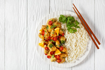 Mango glazed spicy chicken breast chunks with rice