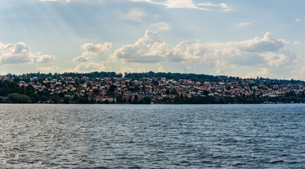 Cityscape over Jonkoping from lake Vattern on a beautiful summer day in Sweden.