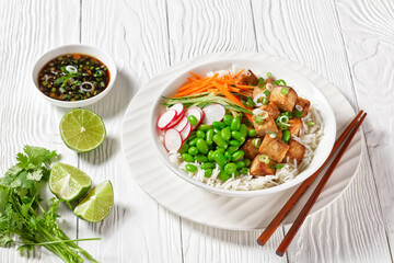 tofu poke bowl with basmati rice and veggies
