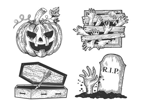 Halloween attributes collection set line art sketch engraving vector illustration. T-shirt apparel print design. Scratch board imitation. Black and white hand drawn image.