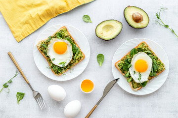 Breakfast with toasts of fried eggs and avocado saurce. Top view