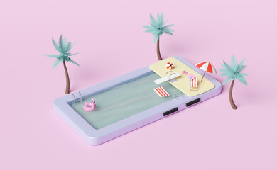 mobile phone or smartphone with swimming pool,palms,beach chair,inflatable flamingo,parasol,sandals,spring board isolated on pink background.summer travel vacation concept,3d illustration or 3d render