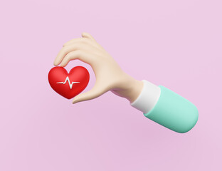 cartoon doctor hands holding red heart and blood pressure heart rate isolated on pink background ,Concept 3d illustration or 3d render