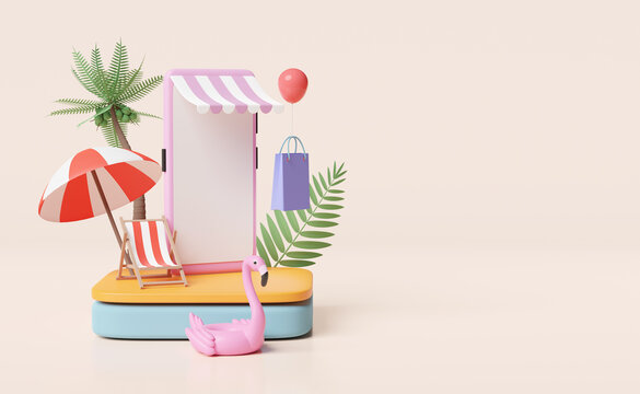 stage podium with mobile phone or smartphone store front,beach chair,Inflatable flamingo,palm leaf,shopping paper bags,online shopping summer sale concept, 3d illustration or 3d render