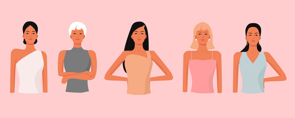 A group of different women in stylish clothing. Variation poses. Flat vector illustrations isolated on pink background for web, app, banner