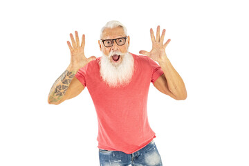 Happy modern bearded man posing in studio. Real people emotions and lifestyle.