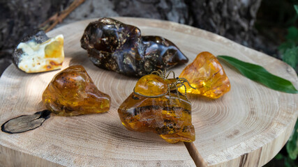Old yellow Baltic amber brooch in the form of a beetle on an amber stone.  Different amber stones on a wooden background. Material for jewelers. Alternative medicine. Ingredient in cosmetology. 