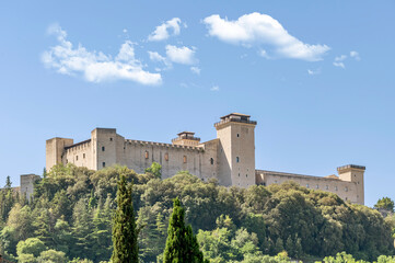 Panoramic view of the ancient Rocca Albornoziana overlooking the historic center of Spoleto, Italy