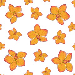 Seamless pattern with yellow and pink orchids. Isolated on white background. Doodle floral blossom concept. For print, textile, fashion, accessories, media, package, wrapping, wallpaper, background.