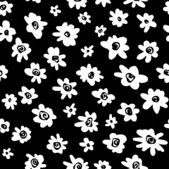 Fototapeta na wymiar Ditsy daisy, black and white seamless repeat minimal pattern. Random placed, doodled abstract vector flowers all over surface print.