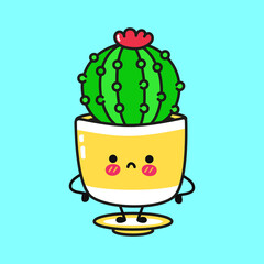 Cute sad cactus character. Vector hand drawn cartoon kawaii character illustration icon design. Isolated on blue background. Cactus character concept