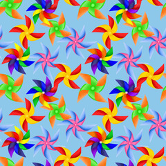 Drawing colorful paper turbines illustration seamless pattern on blue