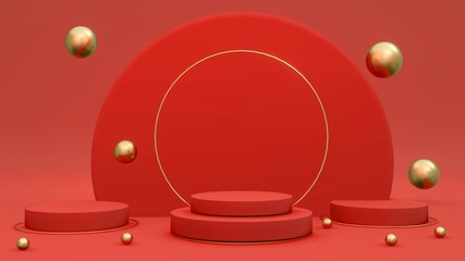 3D rendering concept of red gold podium. Product stand. Red podium and golden round element composed for commercial design. Bright red.3D render. 3D illustration.