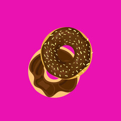 Vector Chocolate Donut, Cut in Half Donut on Bright Pink Background, Sweet Food.
