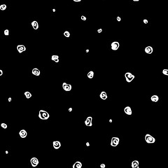 Minimal doodle circles seamless repeat pattern. Abstract, vector dot all over surface print on black background.