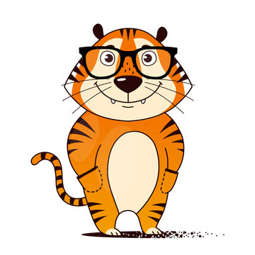 Cool cartoon tiger in glasses, hands in pockets. Symbol of 2022. Vector illustration