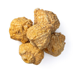 Dried Maca roots isolated on white background, top view