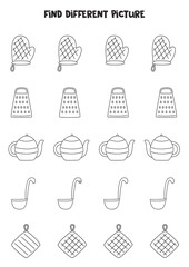 Find kitchen item which is different from others. Black and white worksheet for kids.