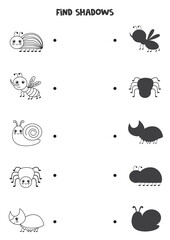 Find the correct shadows of black and white insects. Logical puzzle for kids.