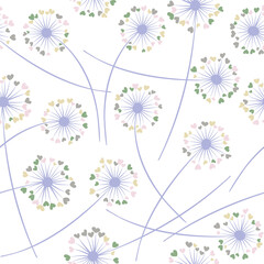 Obraz premium Dandelion blowing plant vector floral seamless pattern. Flowers with heart shaped petals.