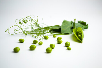 Fresh green pea pods with foliage on a white background. One pod is open, peas are visible.