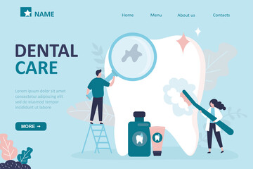 Dental care, landing page template. Dentist with magnifying glass examine and treat tooth for caries. Female specialist with toothbrush cleans large tooth.