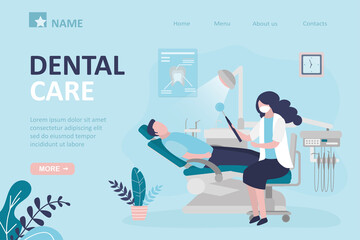 Dental care, landing page template. Male character at dentist appointment. Specialist examine and treats patient teeth. Concept of stomatology and medicine.