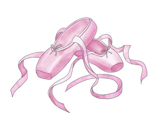 Pair of Pink Ballet Shoes for ballerina. Pointes for Dancer. Watercolor hand drawn illustration on white isolated background