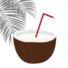 Half coconut with milk with red straw and palm leaf